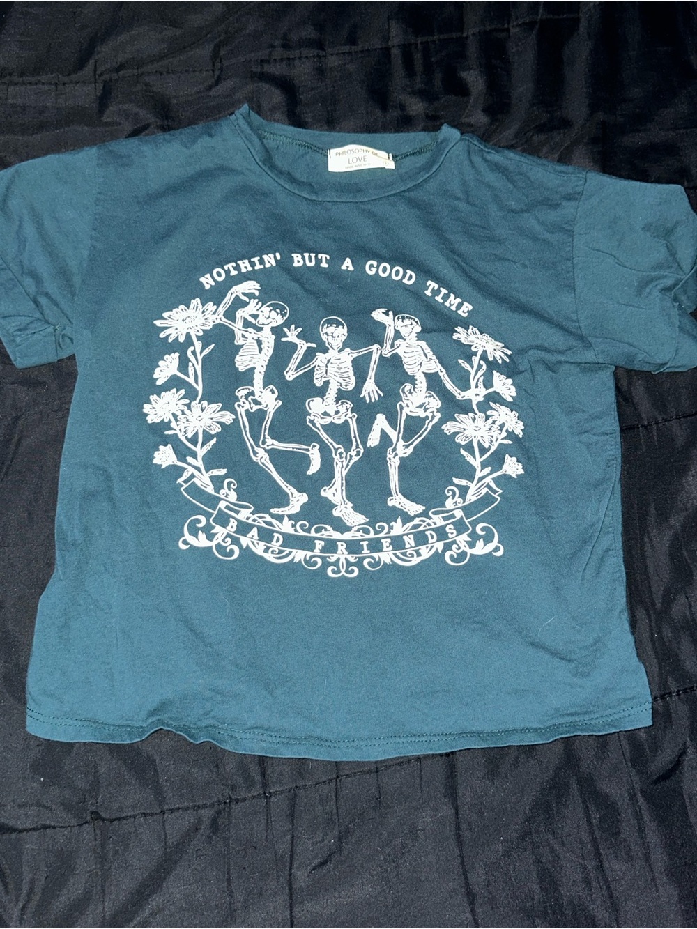 Philosophy of Love dark green Short Sleeve Graphic Tee with White Skeleton Print